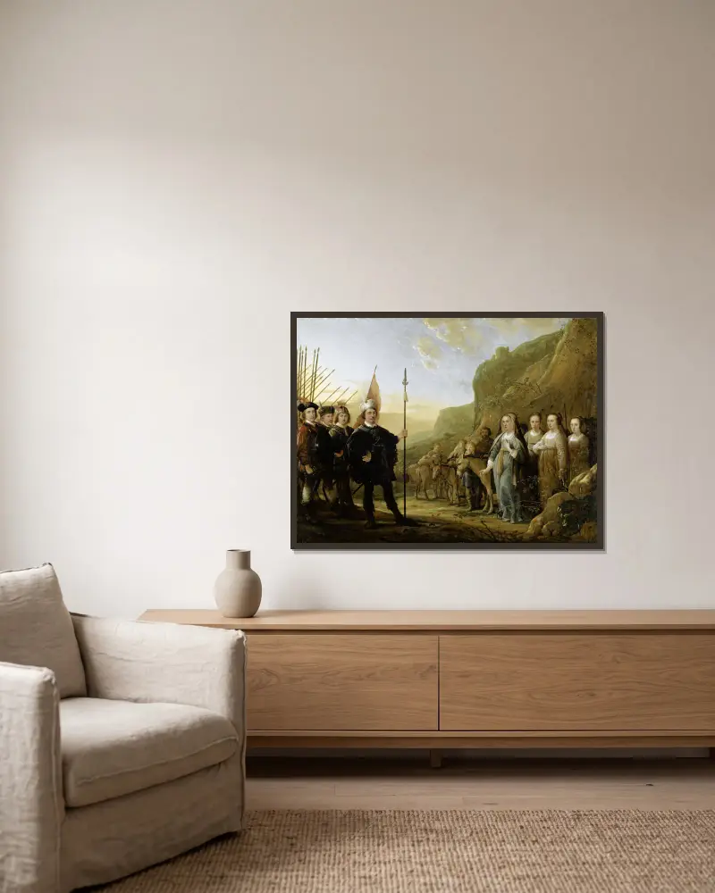 Davids möte med Abigail. Porträtt av familjen Lowijs Jacobsz. Molenschot och hans hustru Janneken Jansdr. Rokus av Aelbert Cuyp inramad på en vägg