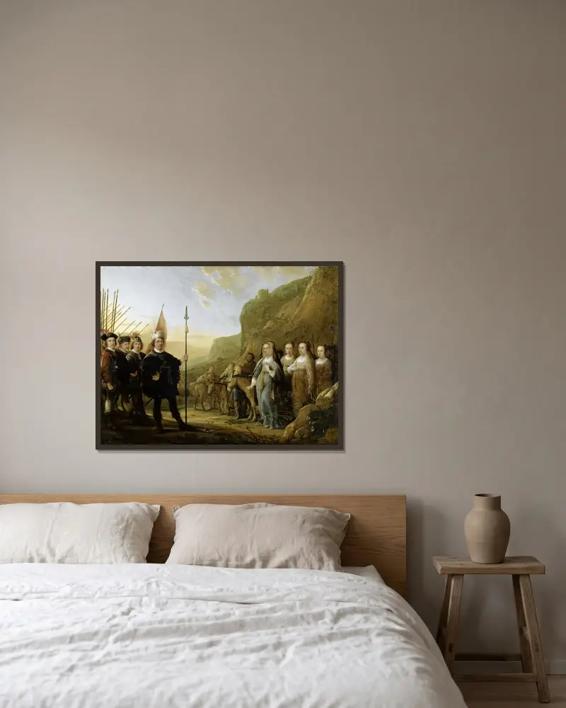 Davids möte med Abigail. Porträtt av familjen Lowijs Jacobsz. Molenschot och hans hustru Janneken Jansdr. Rokus av Aelbert Cuyp inramad på en vägg