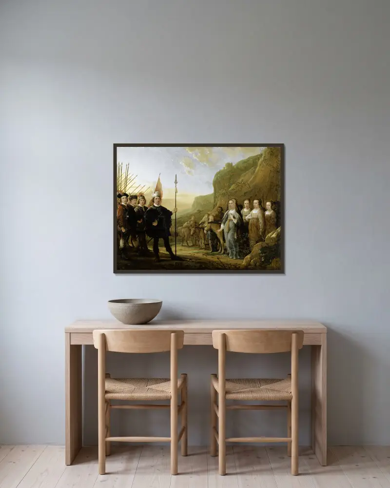 Davids möte med Abigail. Porträtt av familjen Lowijs Jacobsz. Molenschot och hans hustru Janneken Jansdr. Rokus av Aelbert Cuyp inramad på en vägg