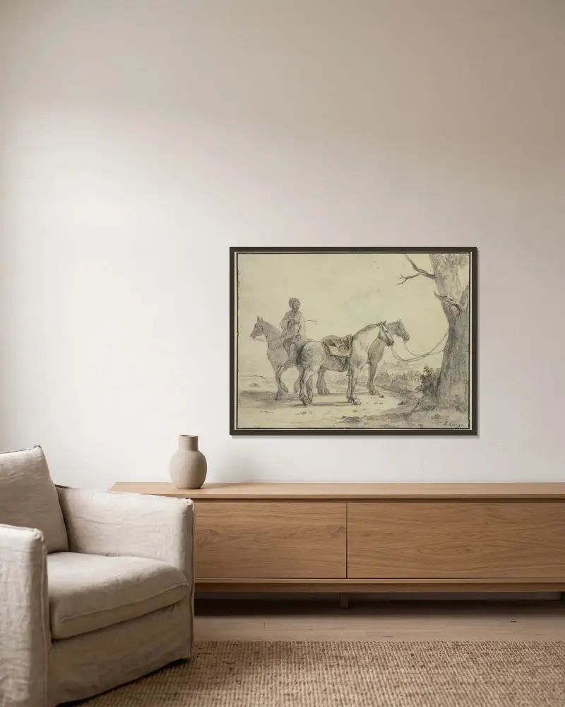 Zwei gesattelte Pferde an einen Baum gebunden, dabei ein Reiter von Aelbert Cuyp gerahmt an einer Wand