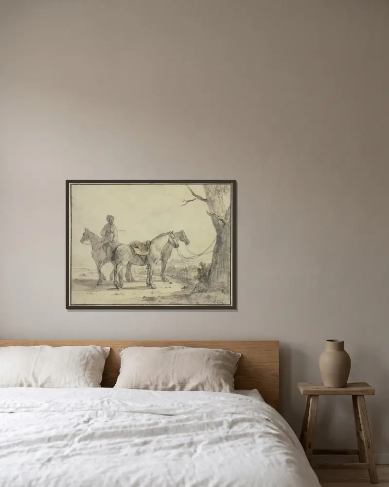 Zwei gesattelte Pferde an einen Baum gebunden, dabei ein Reiter von Aelbert Cuyp gerahmt an einer Wand