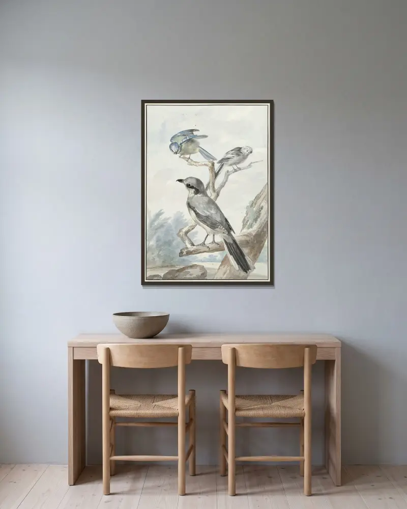 Drei Vögel; eine Schwanzmeise, eine Blaumeise und ein Raubwürger oder Großer Würger von Aert Schouman gerahmt an einer Wand