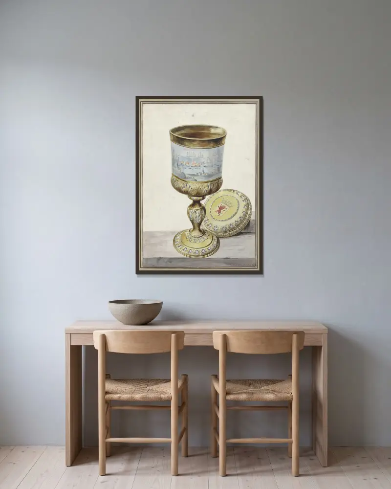 Golden cup with lid av Aert Schouman inramad på en vägg