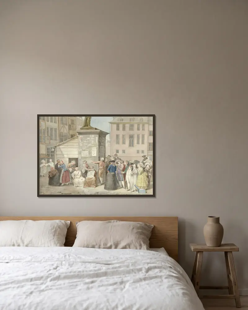 Torg med munkar och nunnor under revolutionen i Belgien, 20 oktober 1787 av Aert Schouman inramad på en vägg
