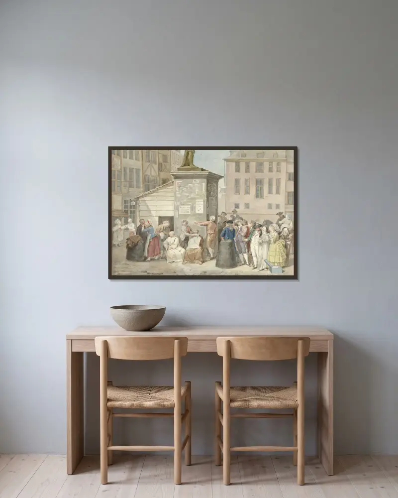 Torg med munkar och nunnor under revolutionen i Belgien, 20 oktober 1787 av Aert Schouman inramad på en vägg