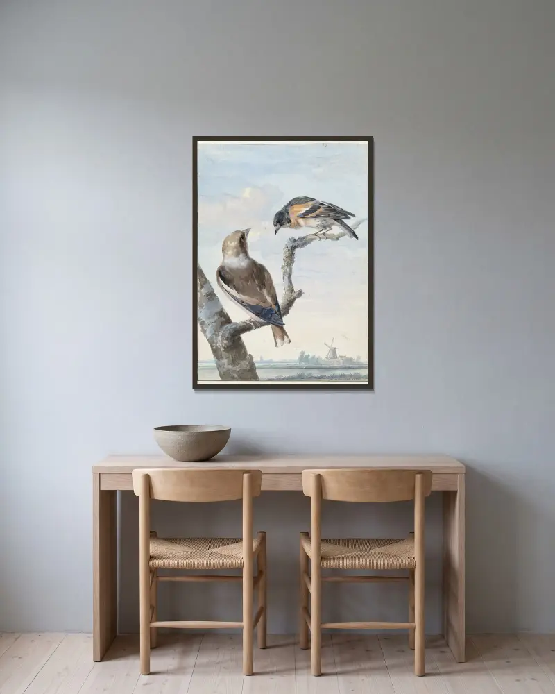 Två fåglar; en stenknäck (Coccothraustes coccothraustes) och en bergfink (Fringilla montifringilla) av Aert Schouman inramad på en vägg
