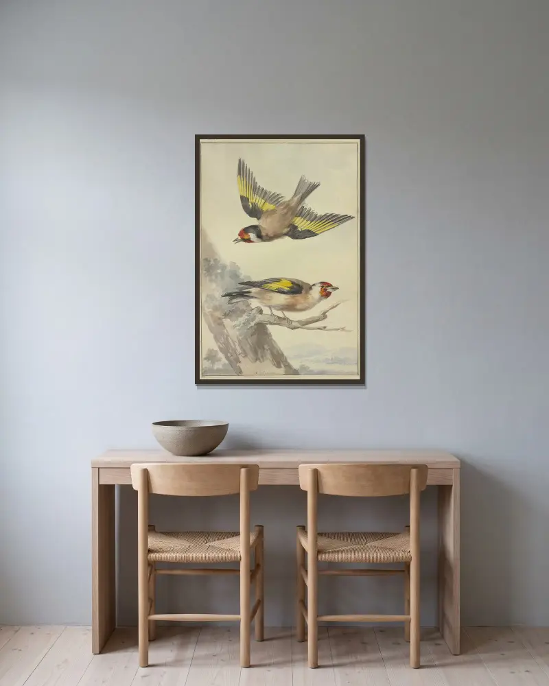 Zwei Stieglitze von Aert Schouman gerahmt an einer Wand