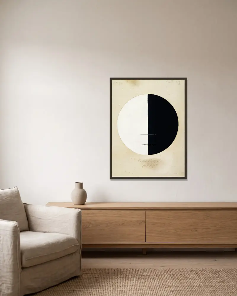 Buddhas Standpunkt im irdischen Leben Nr. 3 von Hilma af Klint gerahmt an einer Wand