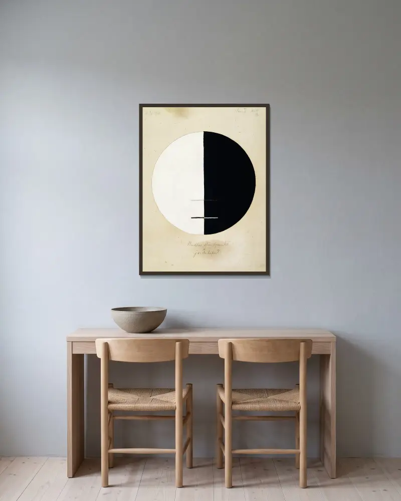 Buddhas Standpunkt im irdischen Leben Nr. 3 von Hilma af Klint gerahmt an einer Wand