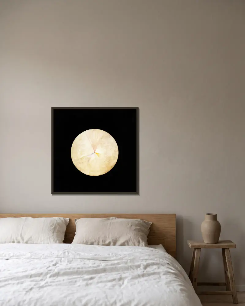 Serie SUW, nr 14 Svanen av Hilma af Klint inramad på en vägg