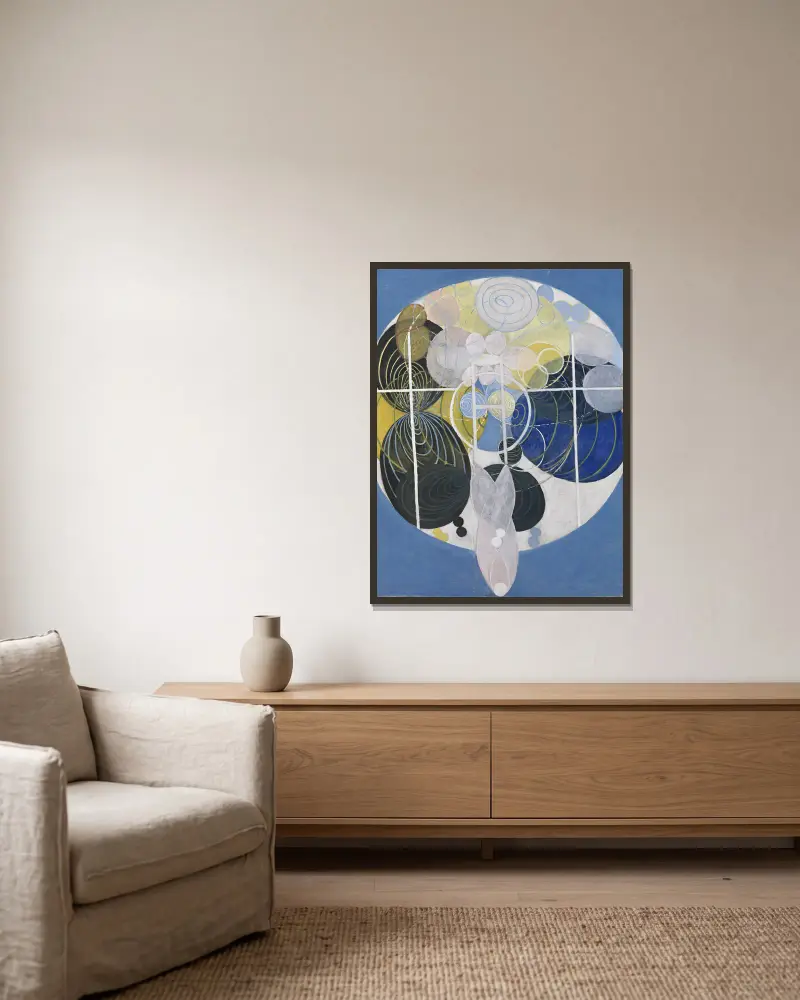 Die großen Figurenbilder Nr. 5, Gruppe 3 von Hilma af Klint gerahmt an einer Wand