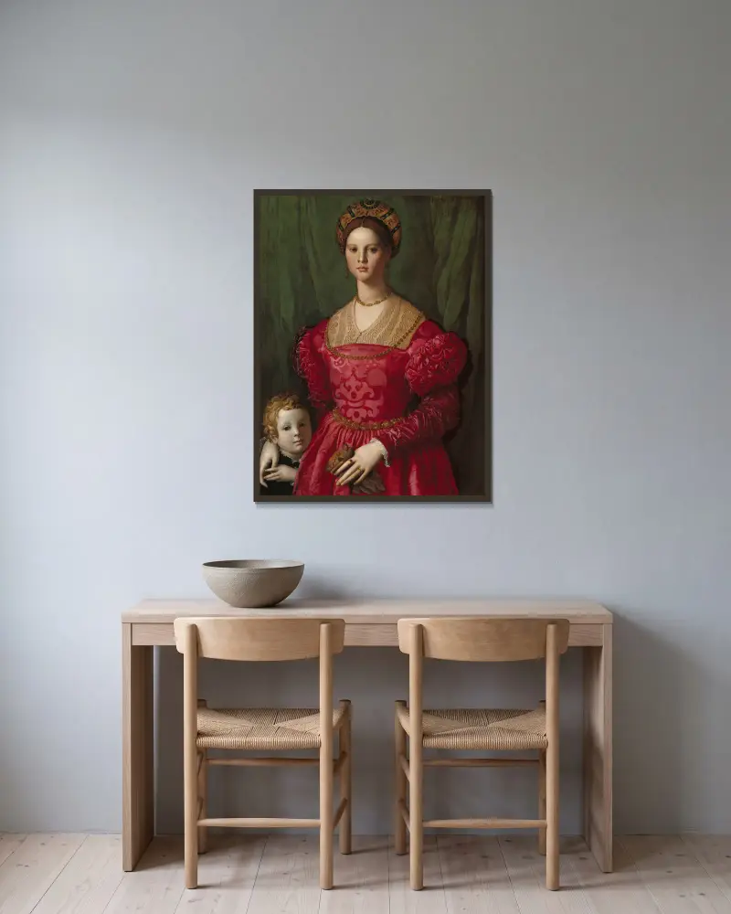 En ung kvinna och hennes lille son av Agnolo Bronzino inramad på en vägg