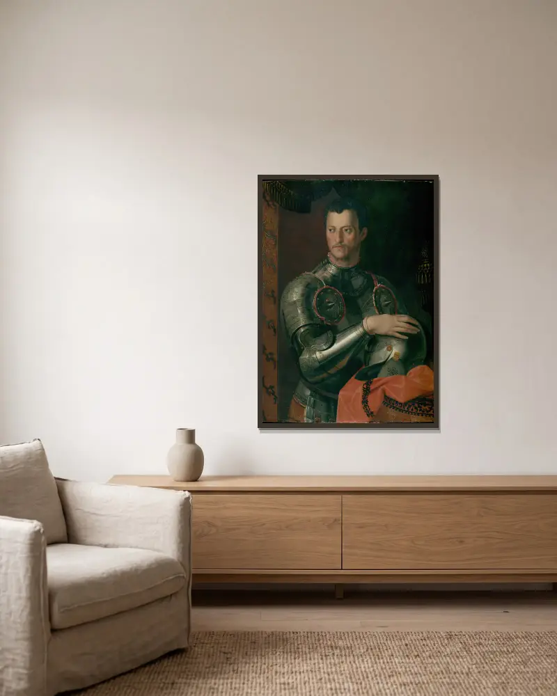 Cosimo I De’ Medici av Agnolo Bronzino inramad på en vägg