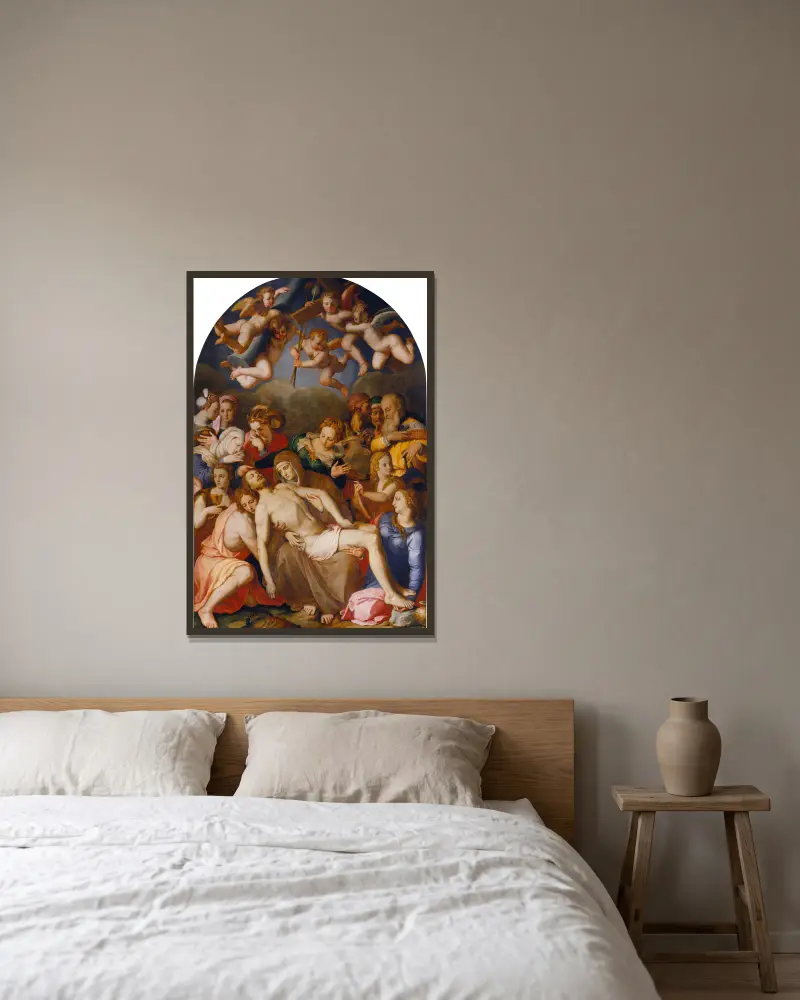Kreuzabnahme Christi von Agnolo Bronzino gerahmt an einer Wand