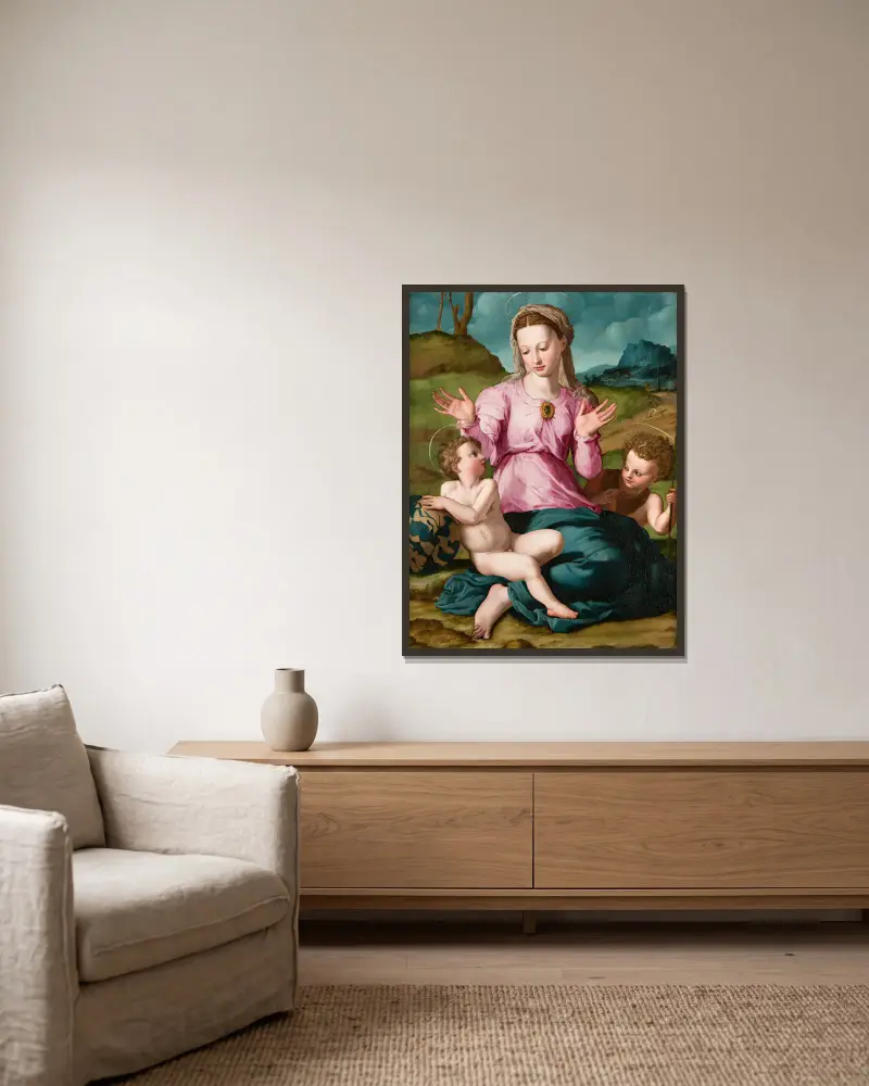 Madonna mit Kind und Johannes dem Täufer von Agnolo Bronzino gerahmt an einer Wand