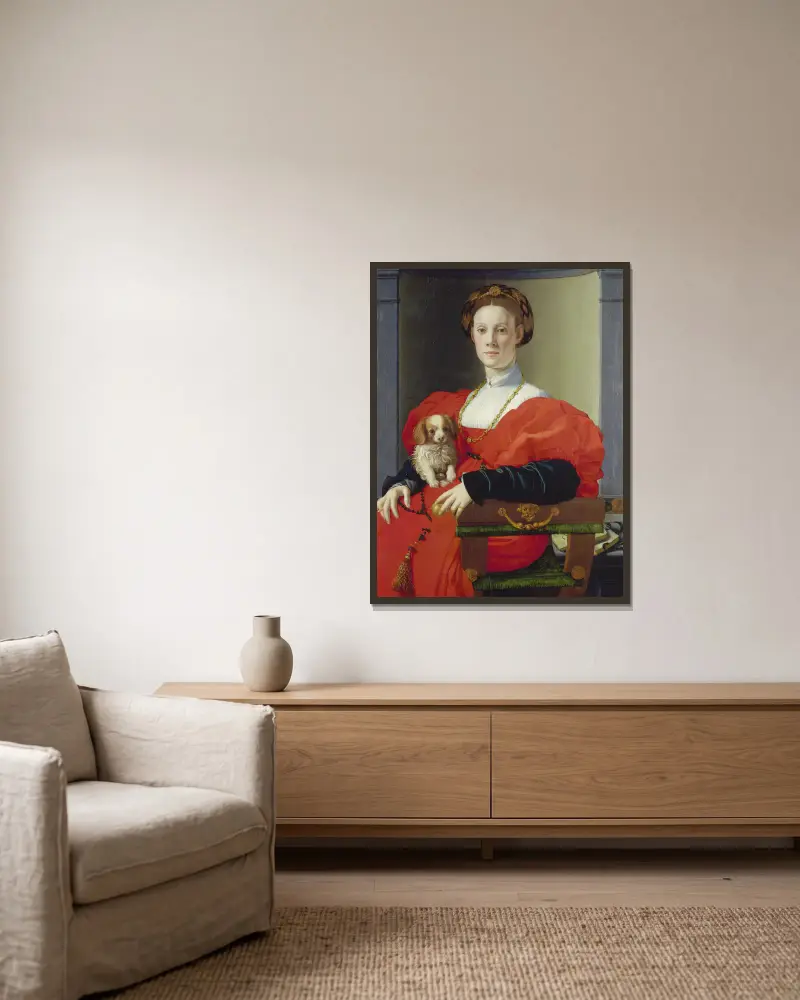 Porträtt av en dam i rött (Francesca Salviati) av Agnolo Bronzino inramad på en vägg