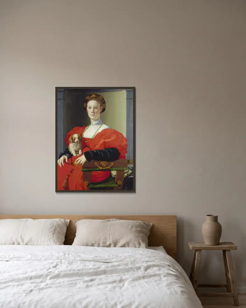 Porträtt av en dam i rött (Francesca Salviati) av Agnolo Bronzino inramad på en vägg
