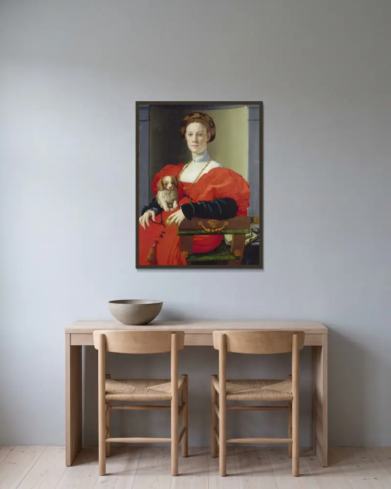 Porträtt av en dam i rött (Francesca Salviati) av Agnolo Bronzino inramad på en vägg