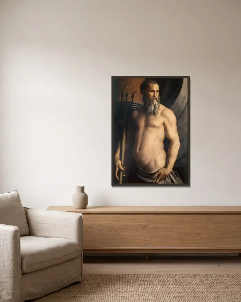 Porträtt av Andrea Doria som Neptunus av Agnolo Bronzino inramad på en vägg