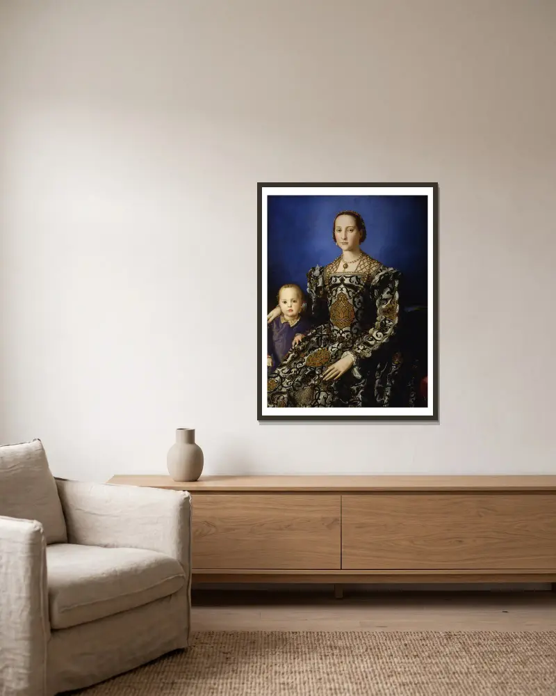 Porträt der Eleonora von Toledo mit ihrem Sohn Giovanni de' Medici von Agnolo Bronzino gerahmt an einer Wand