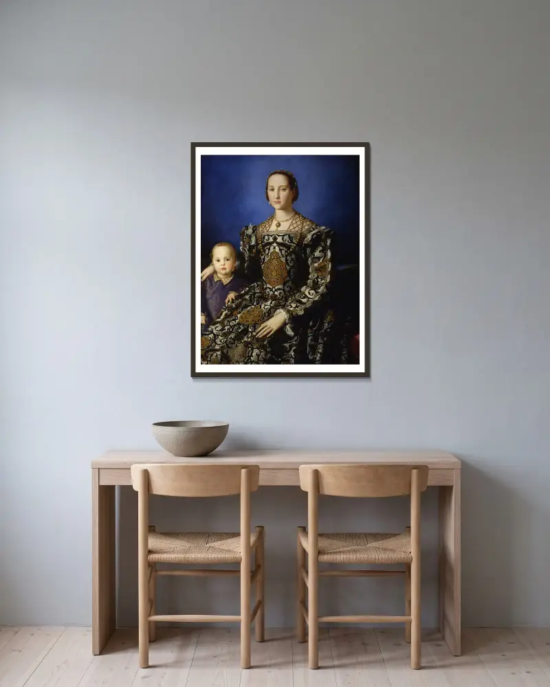 Porträt der Eleonora von Toledo mit ihrem Sohn Giovanni de' Medici von Agnolo Bronzino gerahmt an einer Wand