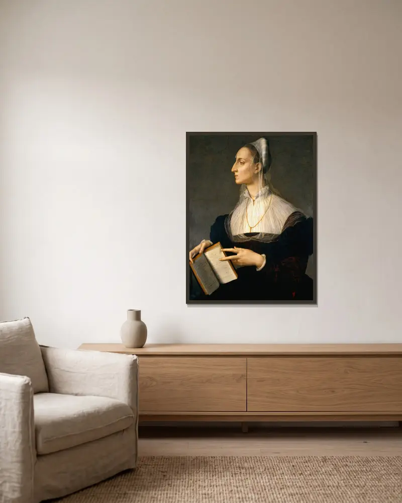 Porträtt av Laura Battiferri av Agnolo Bronzino inramad på en vägg