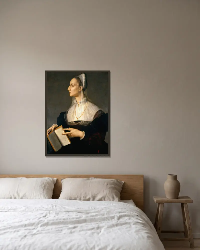 Porträtt av Laura Battiferri av Agnolo Bronzino inramad på en vägg