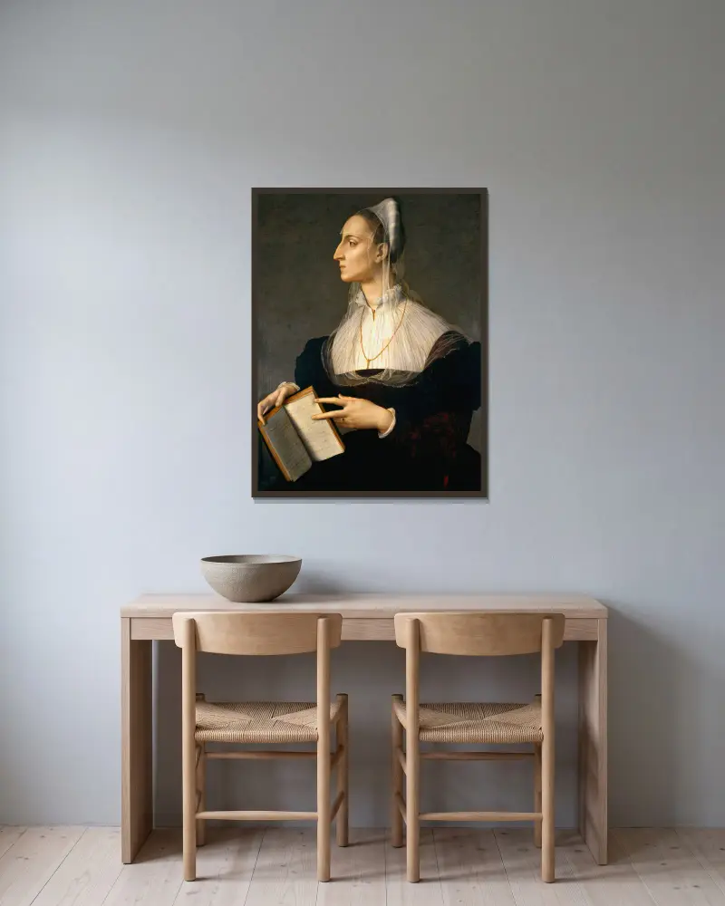 Porträtt av Laura Battiferri av Agnolo Bronzino inramad på en vägg