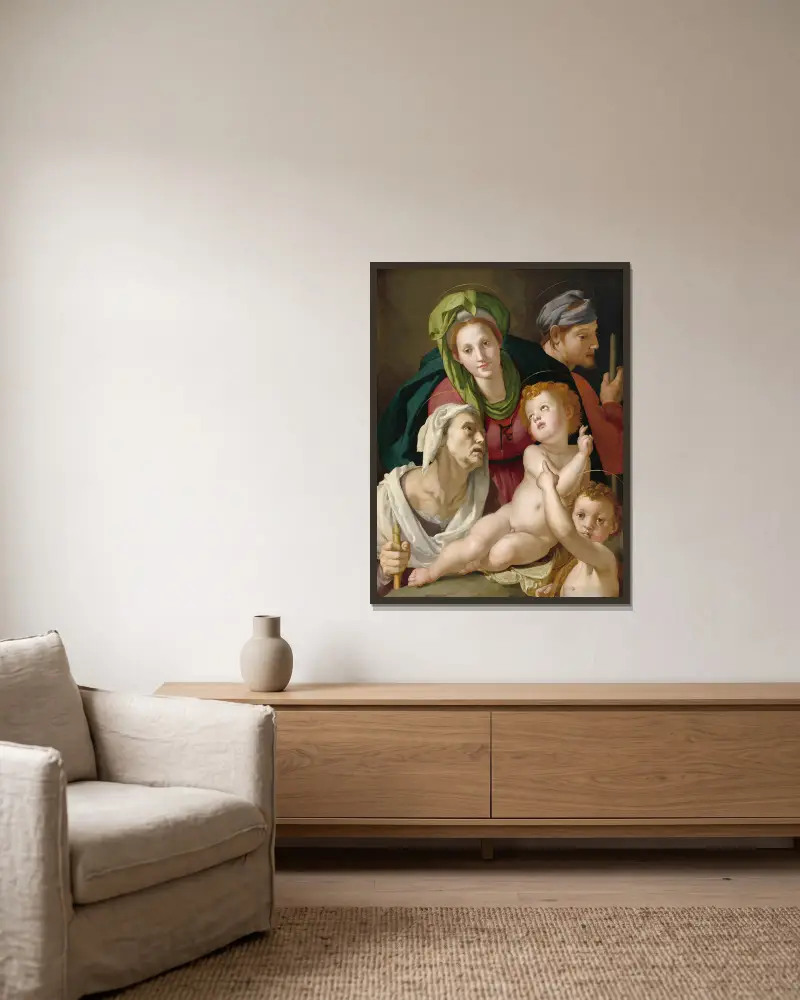 Den heliga familjen av Agnolo Bronzino inramad på en vägg