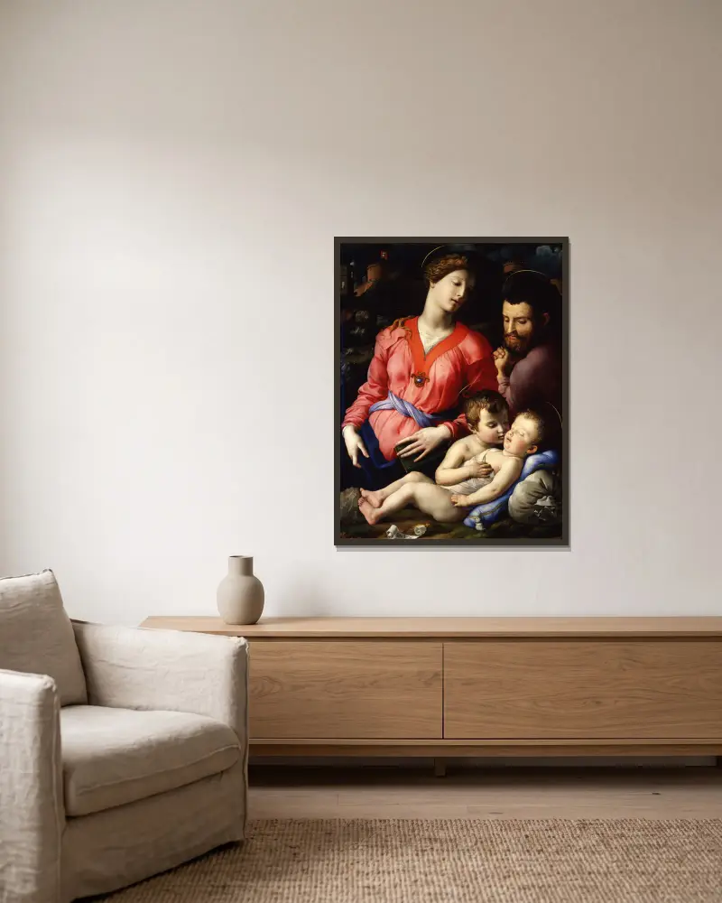 Den heliga familjen Panciatichi av Agnolo Bronzino inramad på en vägg