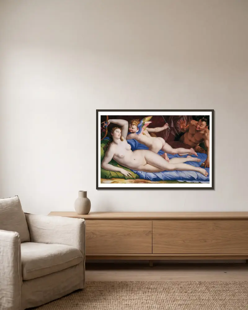 Venus, Cupid And Satyr av Agnolo Bronzino inramad på en vägg