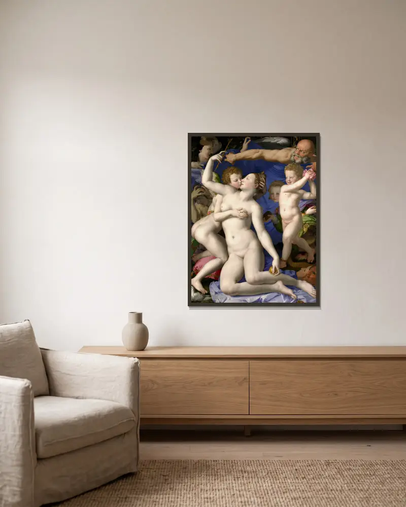 Venus, Amor, dårskapen och tiden av Agnolo Bronzino inramad på en vägg