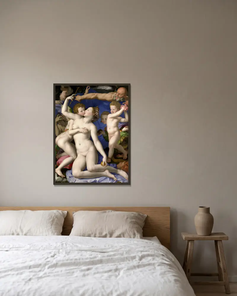Venus, Amor, dårskapen och tiden av Agnolo Bronzino inramad på en vägg
