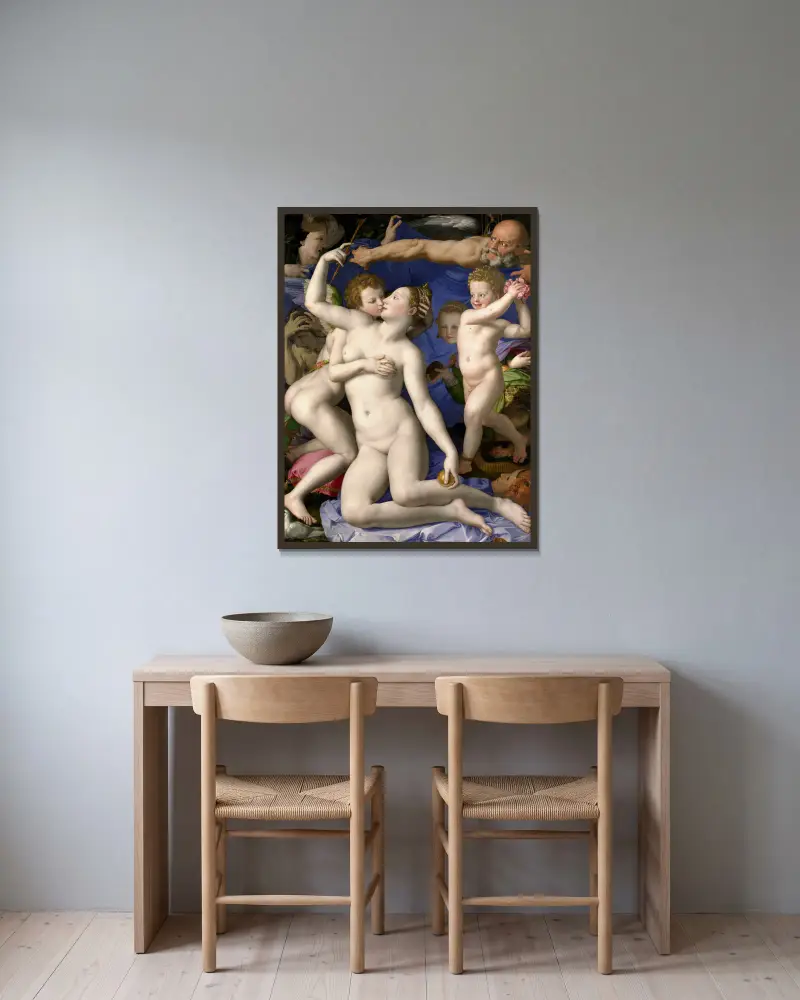 Venus, Amor, dårskapen och tiden av Agnolo Bronzino inramad på en vägg