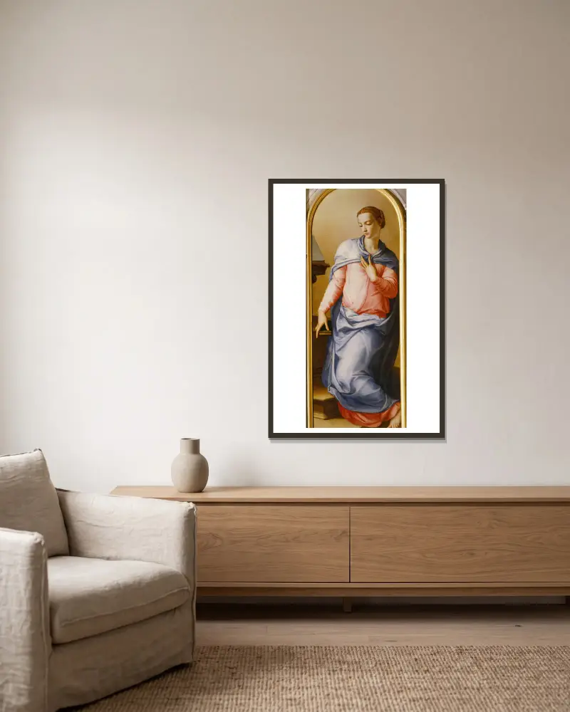 Jungfrun vid bebådelsen av Agnolo Bronzino inramad på en vägg