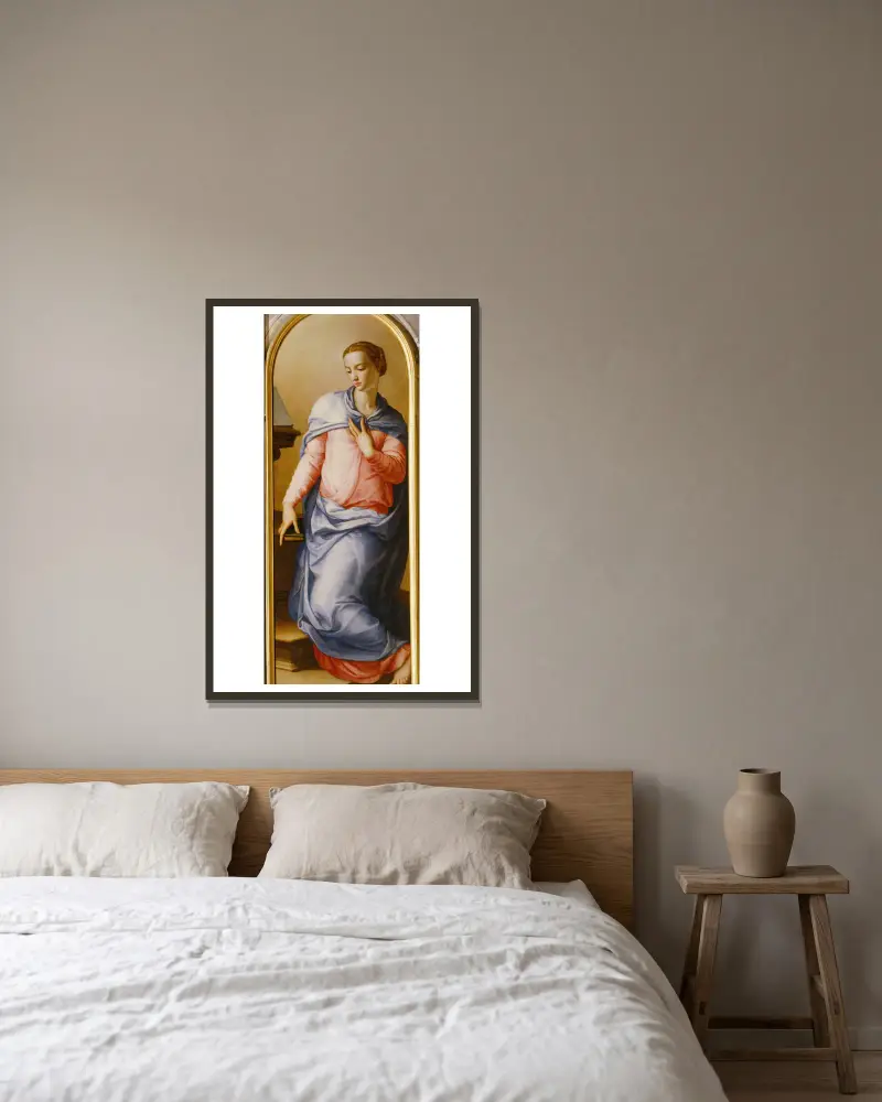 Jungfrun vid bebådelsen av Agnolo Bronzino inramad på en vägg