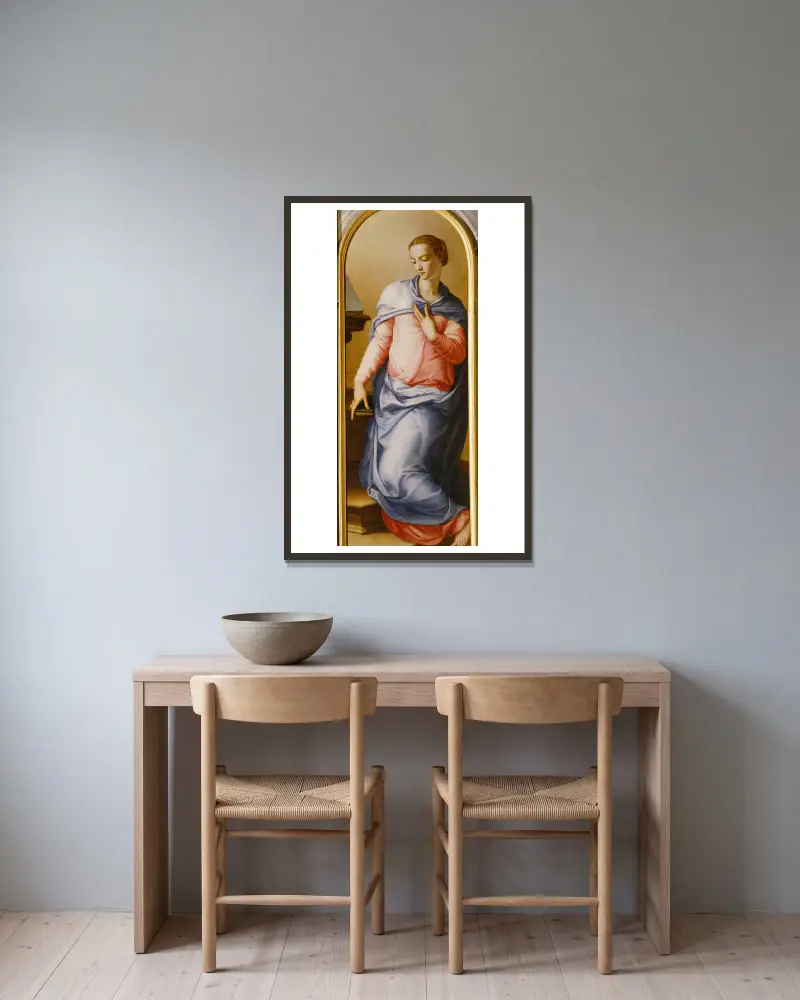 Jungfrun vid bebådelsen av Agnolo Bronzino inramad på en vägg