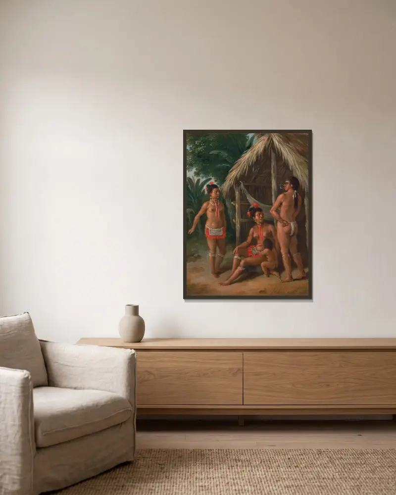 Karibische Familie von den Leewardinseln vor einer Hütte von Agostino Brunias gerahmt an einer Wand