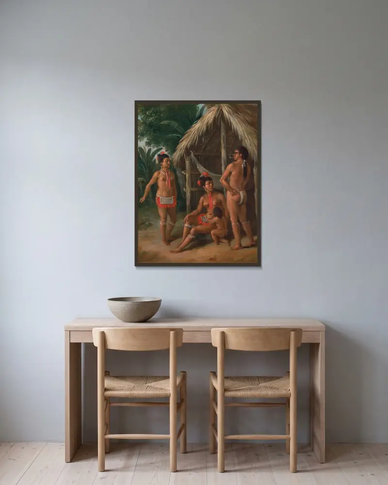 Karibische Familie von den Leewardinseln vor einer Hütte von Agostino Brunias gerahmt an einer Wand