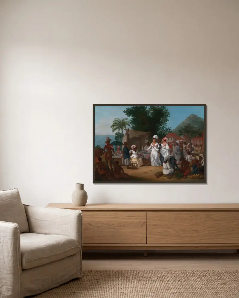 En linmarknad med linstånd och grönsaksförsäljerska i Västindien av Agostino Brunias inramad på en vägg
