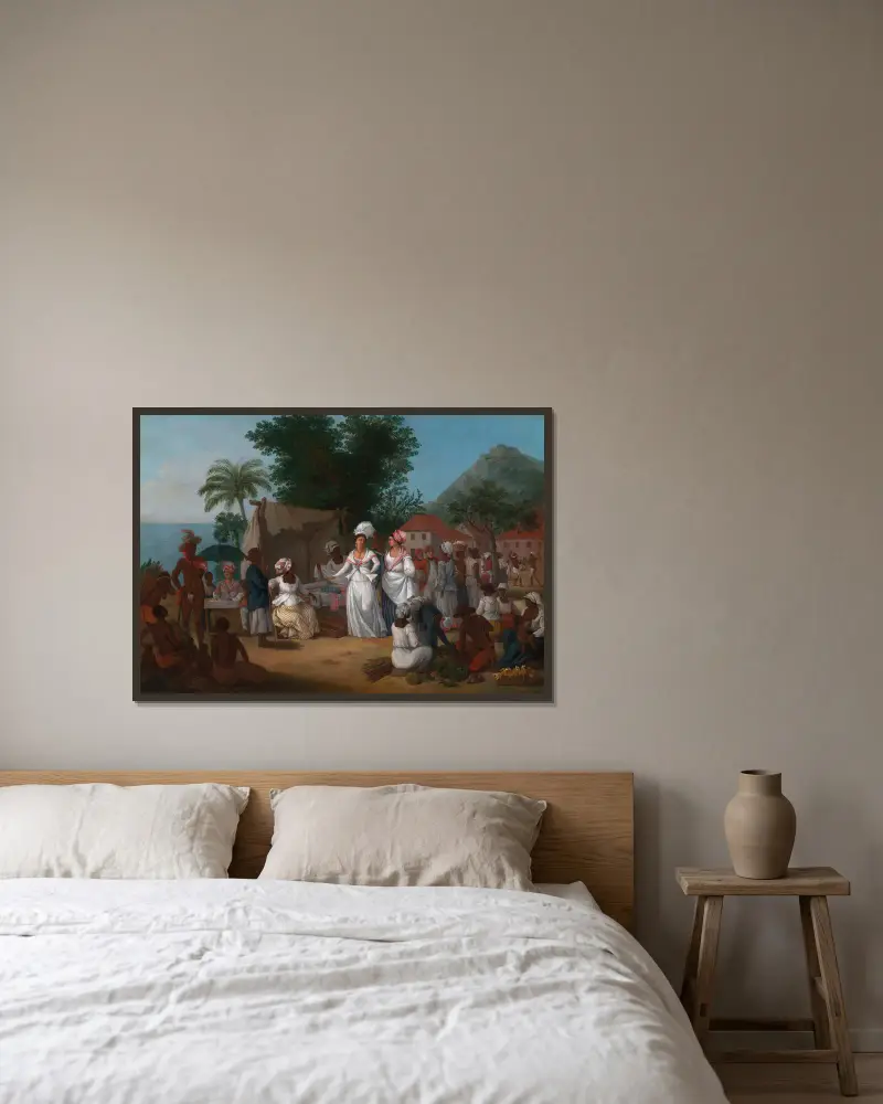 En linmarknad med linstånd och grönsaksförsäljerska i Västindien av Agostino Brunias inramad på en vägg