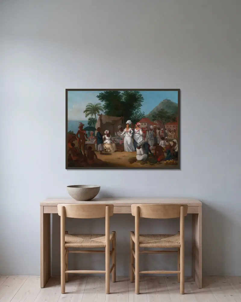 En linmarknad med linstånd och grönsaksförsäljerska i Västindien av Agostino Brunias inramad på en vägg