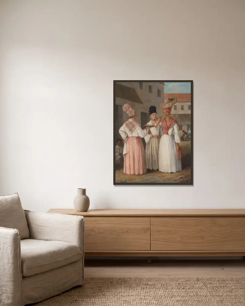 Westindisches Blumenmädchen und zwei weitere freie Frauen of Color von Agostino Brunias gerahmt an einer Wand