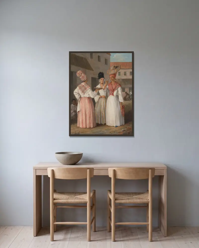 Westindisches Blumenmädchen und zwei weitere freie Frauen of Color von Agostino Brunias gerahmt an einer Wand