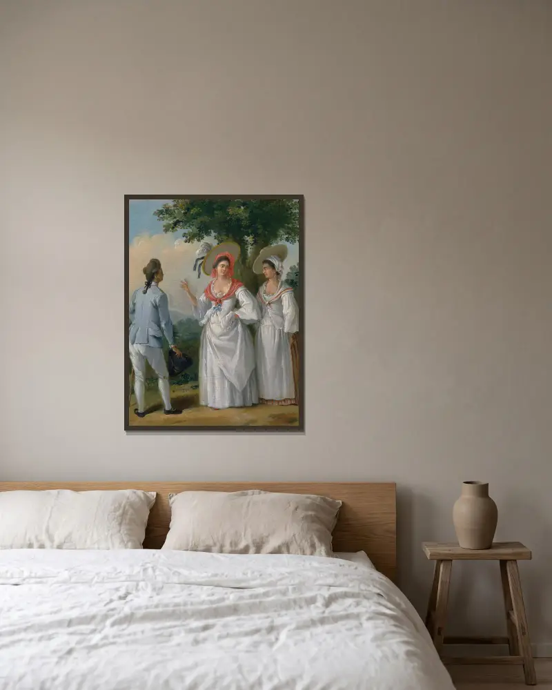 Fria västindiska kreoler i elegant klädsel av Agostino Brunias inramad på en vägg