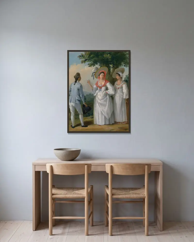 Fria västindiska kreoler i elegant klädsel av Agostino Brunias inramad på en vägg
