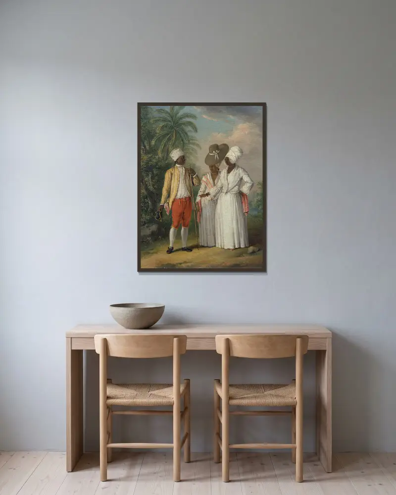 Fria västindiska dominikaner av Agostino Brunias inramad på en vägg