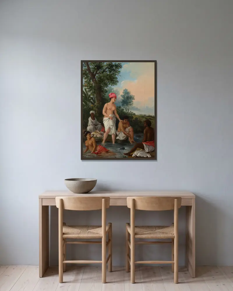 Freie Frauen von Dominica beim Baden in einem Bach von Agostino Brunias gerahmt an einer Wand