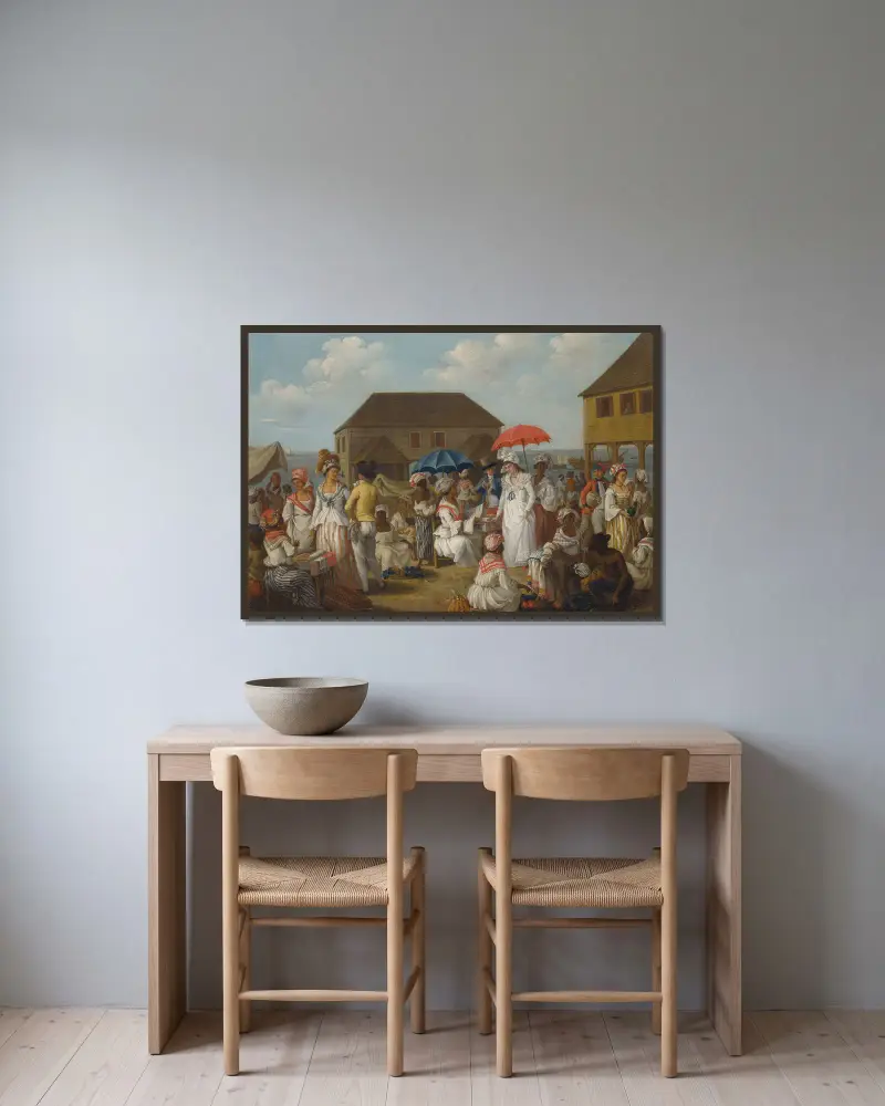Linnemarknad, Dominica av Agostino Brunias inramad på en vägg