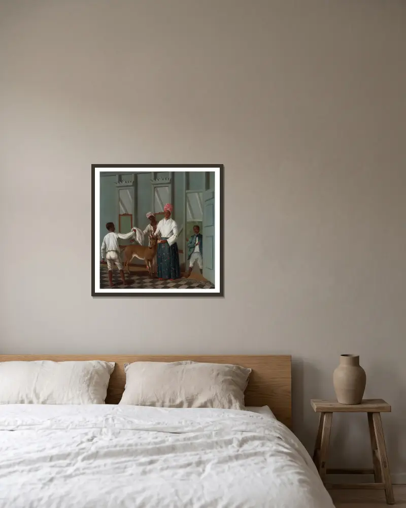 Diener, die einen Hirsch waschen von Agostino Brunias gerahmt an einer Wand